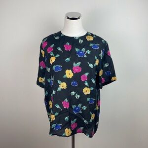 Kim Rogers Vintage Silk Floral Black Pink Yellow Blouse Top Women Large